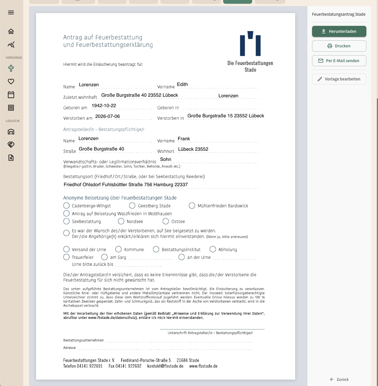 Automatisch befülltes Dokument in einem Sterbefall